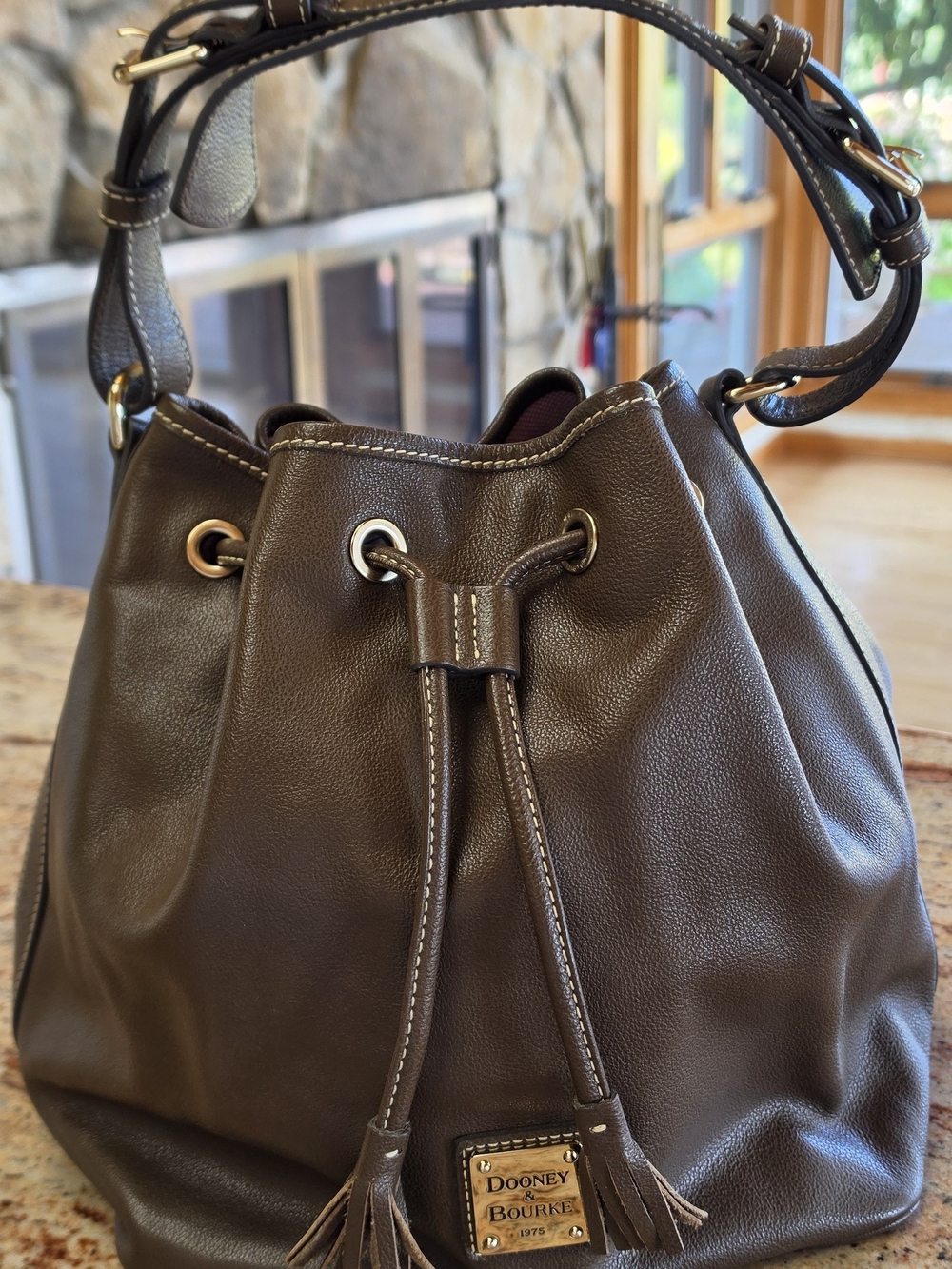 Dooney & Bourke Dark Brown Leather Drawstring Bucket Bag, Preowned